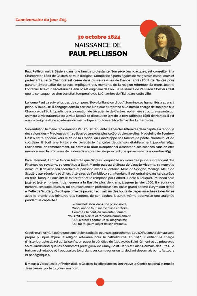 L’anniversaire du jour #15 – Naissance de Paul Pellisson – 30 octobre 1624